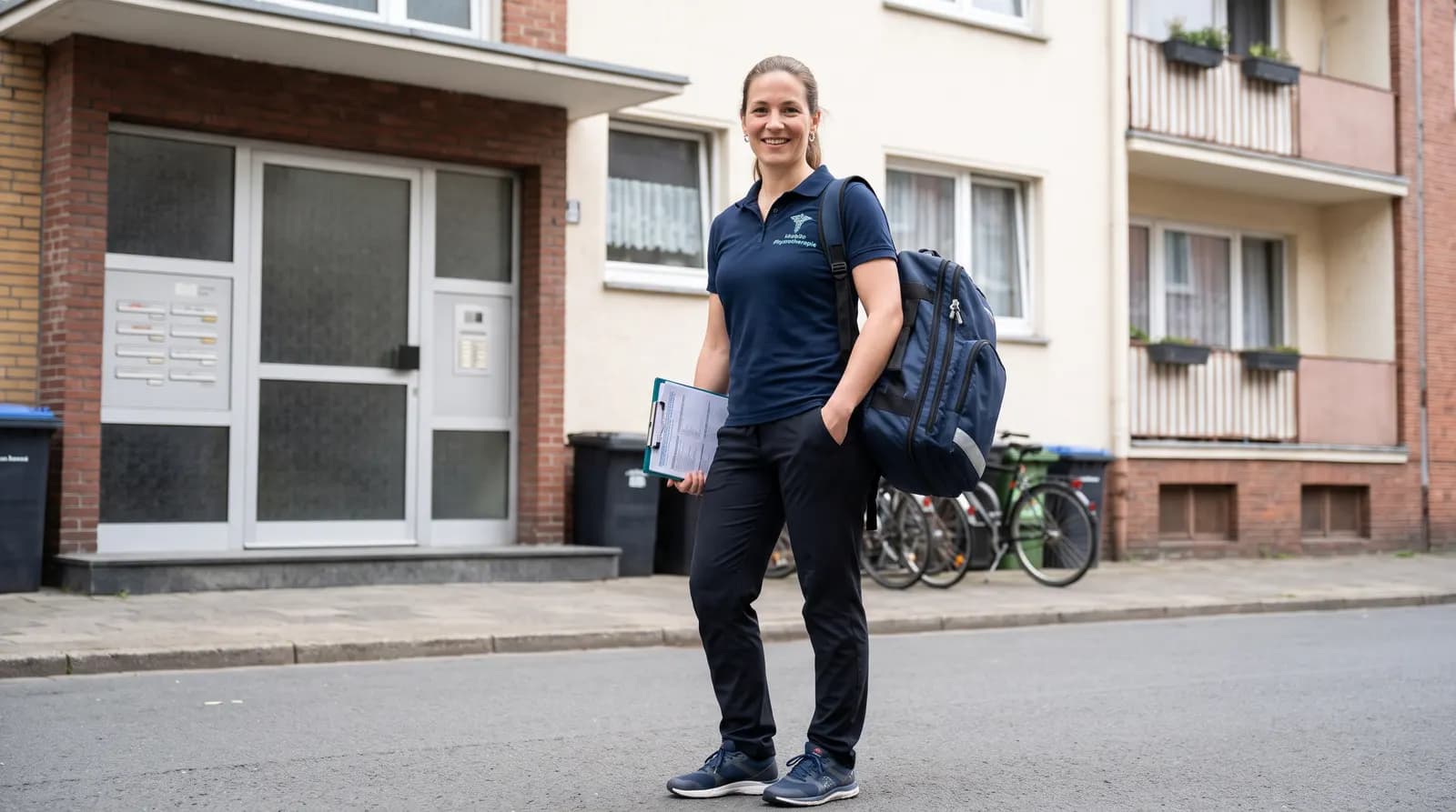 Physiotherapeutin mit Rucksack und Klemmbrett vor einem Mehrfamilienhaus, auf dem Weg zum Hausbesuch