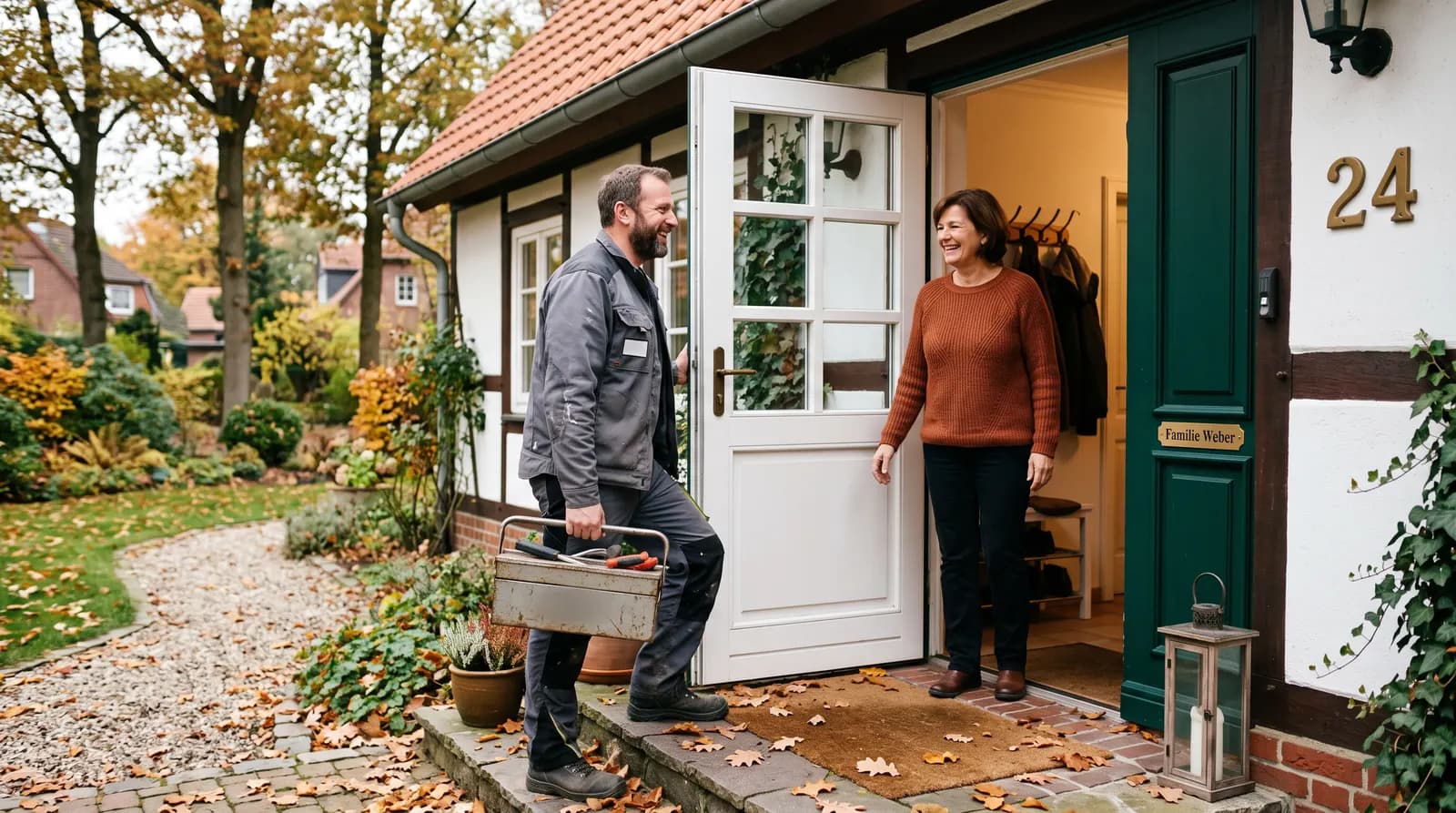 Handwerker mit Werkzeugkasten wird an der Haustür von einer Kundin begrüßt